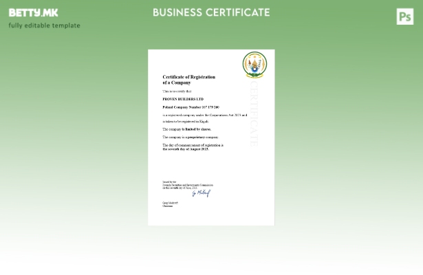 модерен стил Уверение за регистрација на бизнис во Руанда Шаблон за Word и PDF ш